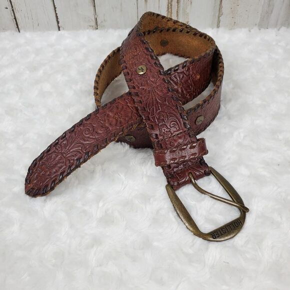 Hollister Leather Floral Tooled Belt Brown Size Large - Picture 1 of 9